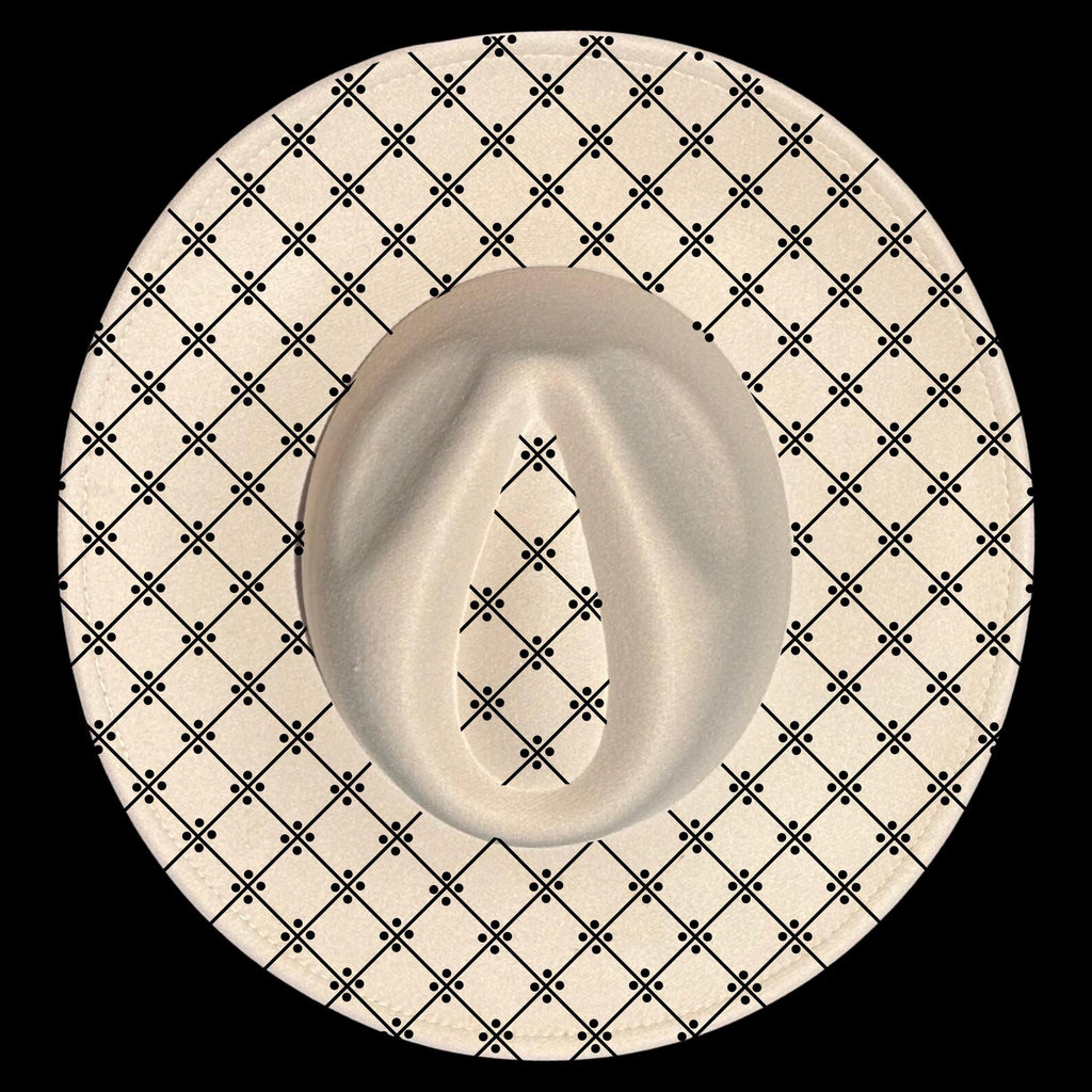 Wide brim hat with a black geometric pattern