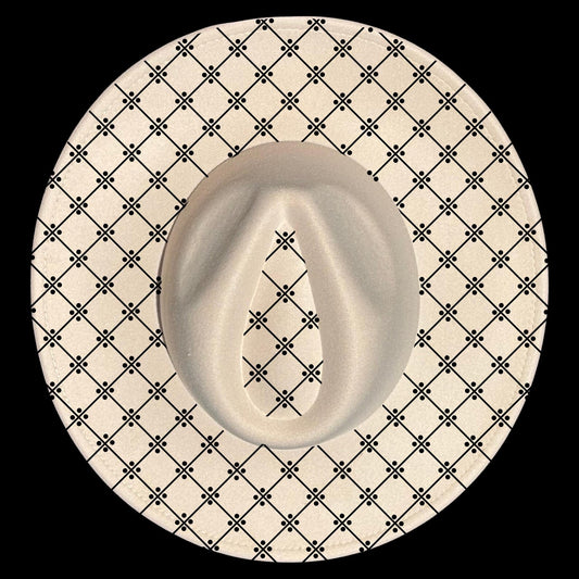 Wide brim hat with a black geometric pattern