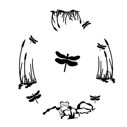 Black line art of a frog, dragonflies, and reeds on a white background