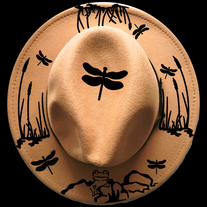 Narrow brim hat with black dragonflies and a frog designs on a black background