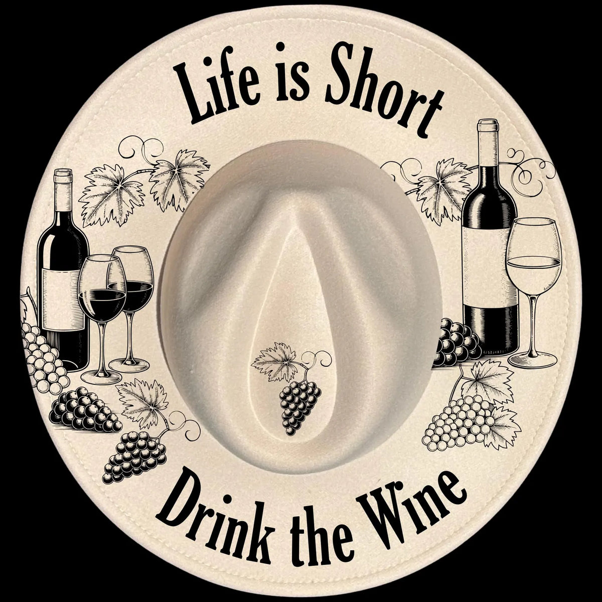 Wide Brim Hat with wine-themed design and text 'Life is Short, Drink the Wine' on a black background