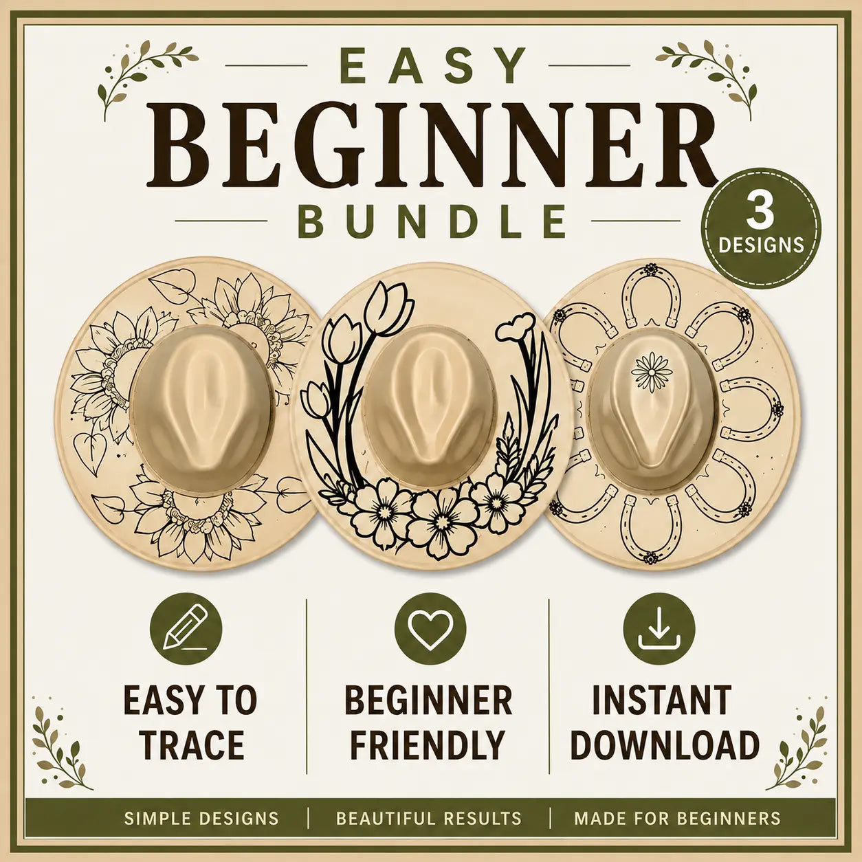 Promotional graphic for 'Easy Beginner Bundle' with three design templates on a beige background.
