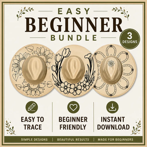 Promotional graphic for 'Easy Beginner Bundle' with three design templates on a beige background.