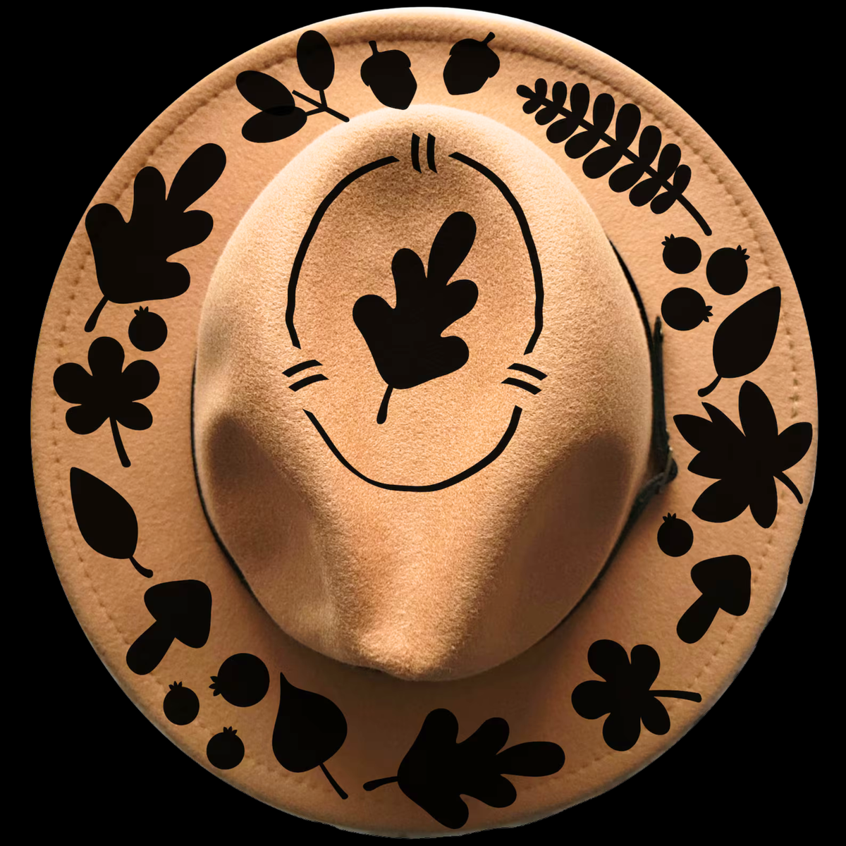 Narrow brim hat with black floral patterns of fall leaves on a black background