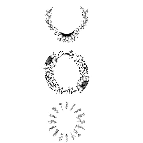 Set of decorative elements with floral and leaf patterns on a white background