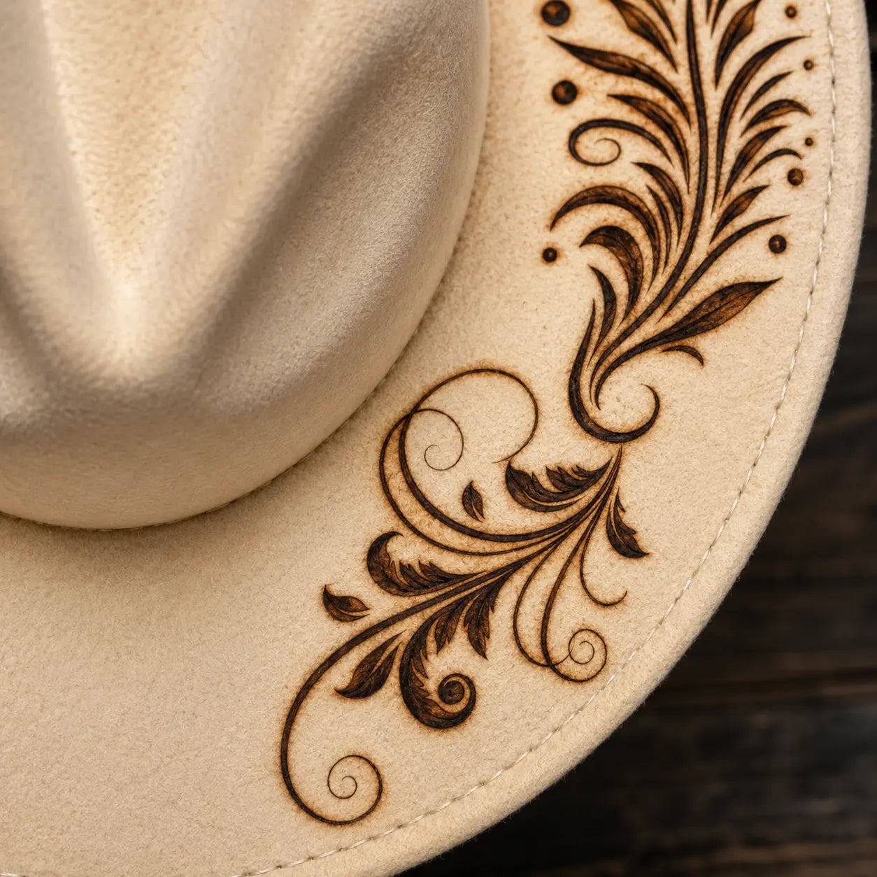 Feather Flourish Wide Brim Hat Burning Design