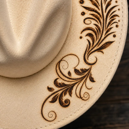 Feather Flourish Wide Brim Hat Burning Design