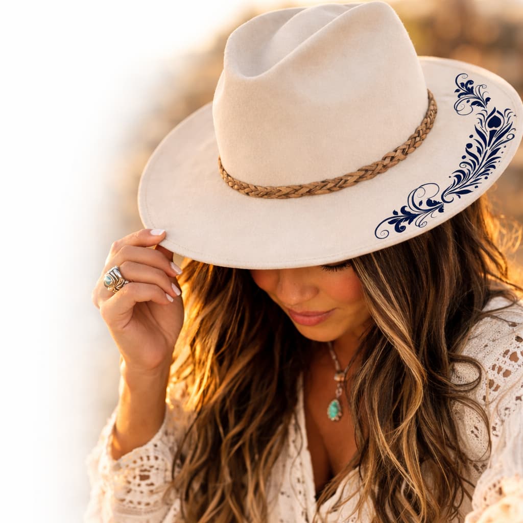 Woman wearing a beige cowboy hat with decorative elements, holding it with one hand.
