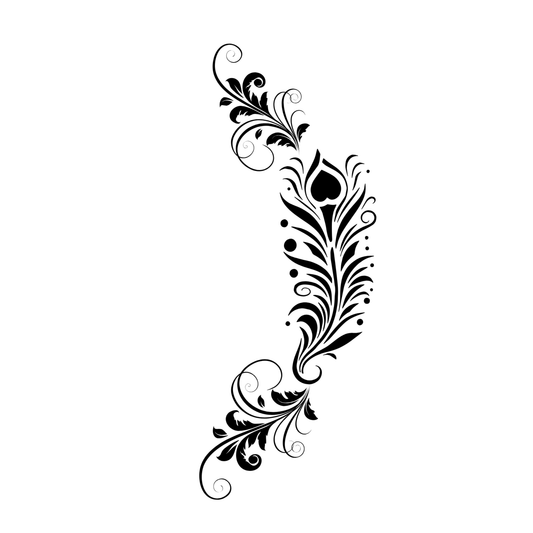 Hat burning design of a black feather flourish on a white background