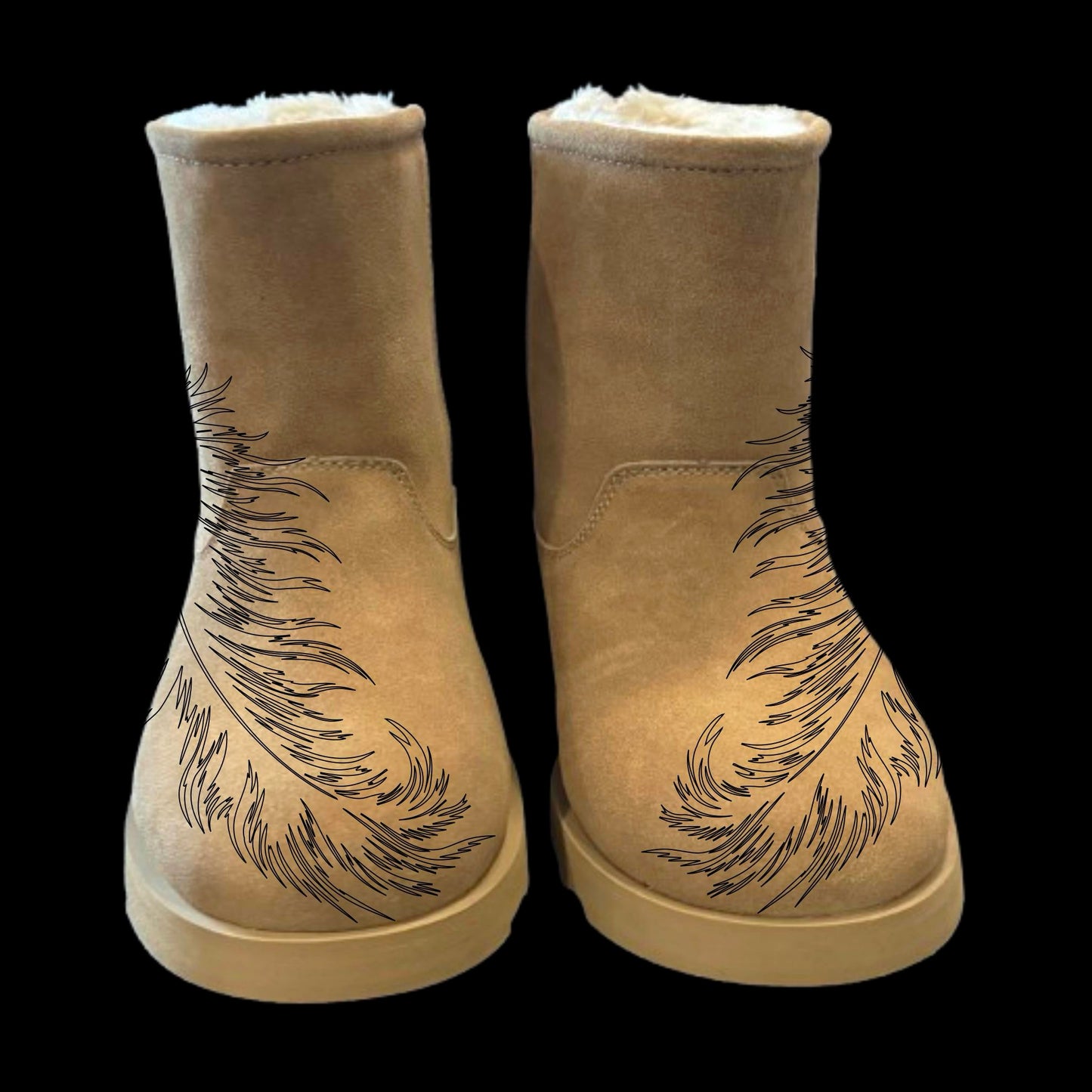 Feather boot burning design on boots front view