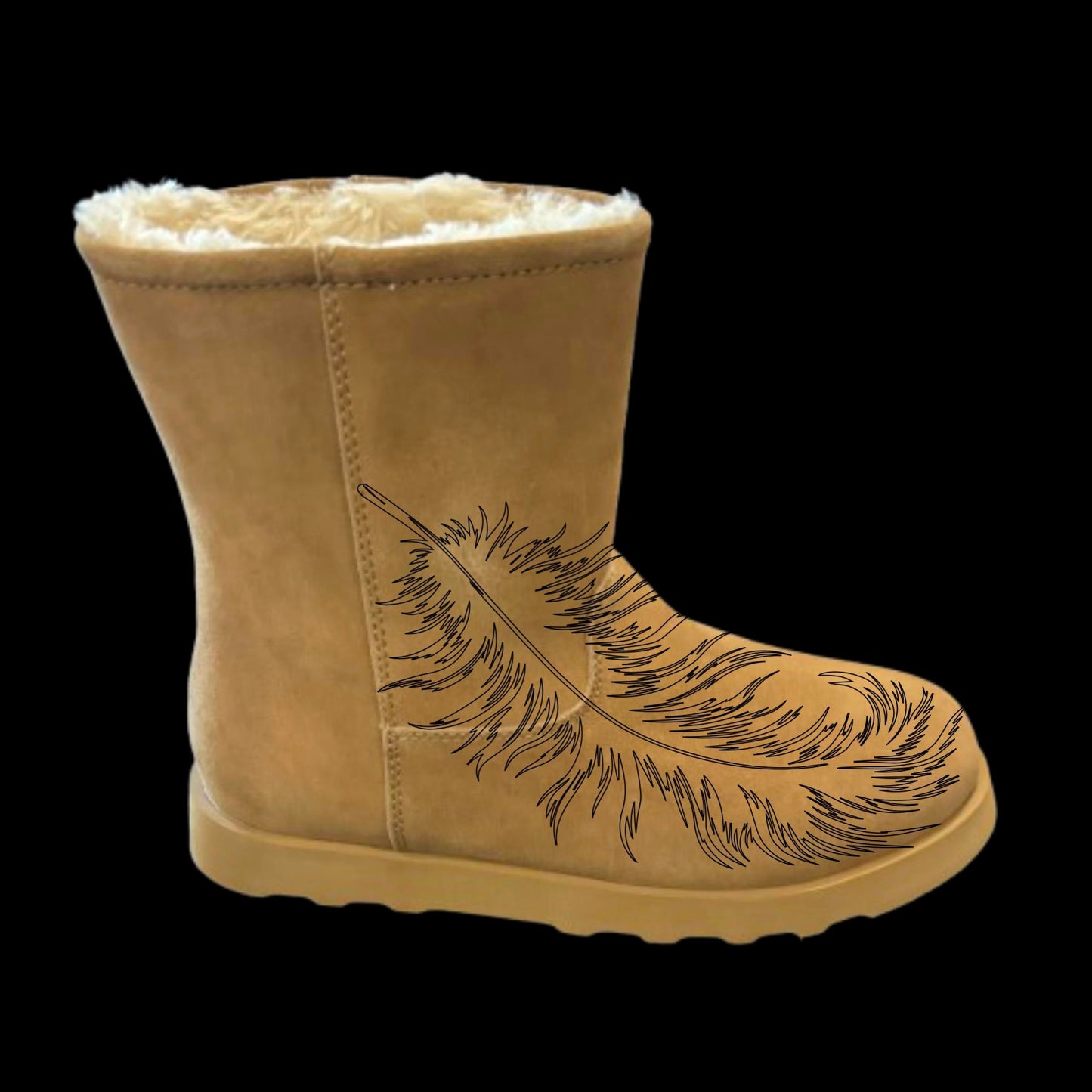 Feather boot burning design on a boot side view