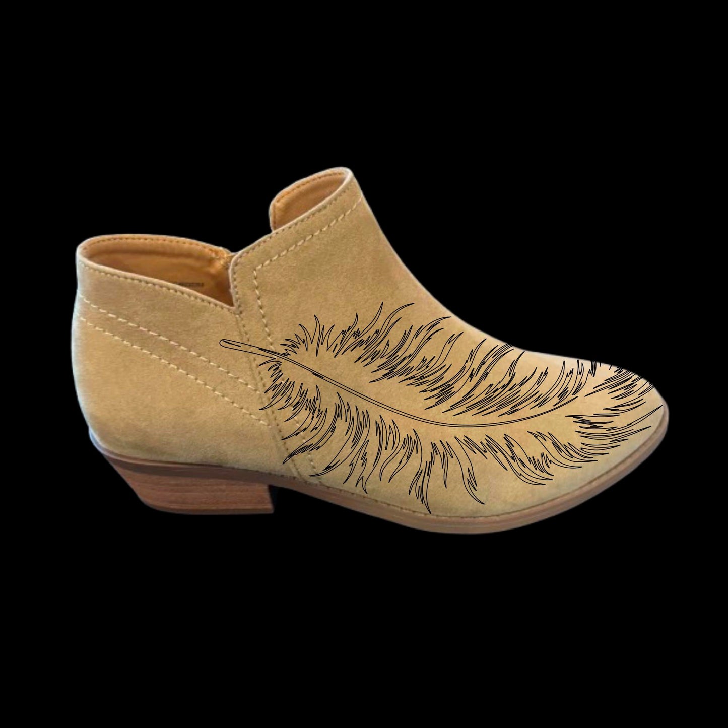 Feather boot burning design on a shoe side view