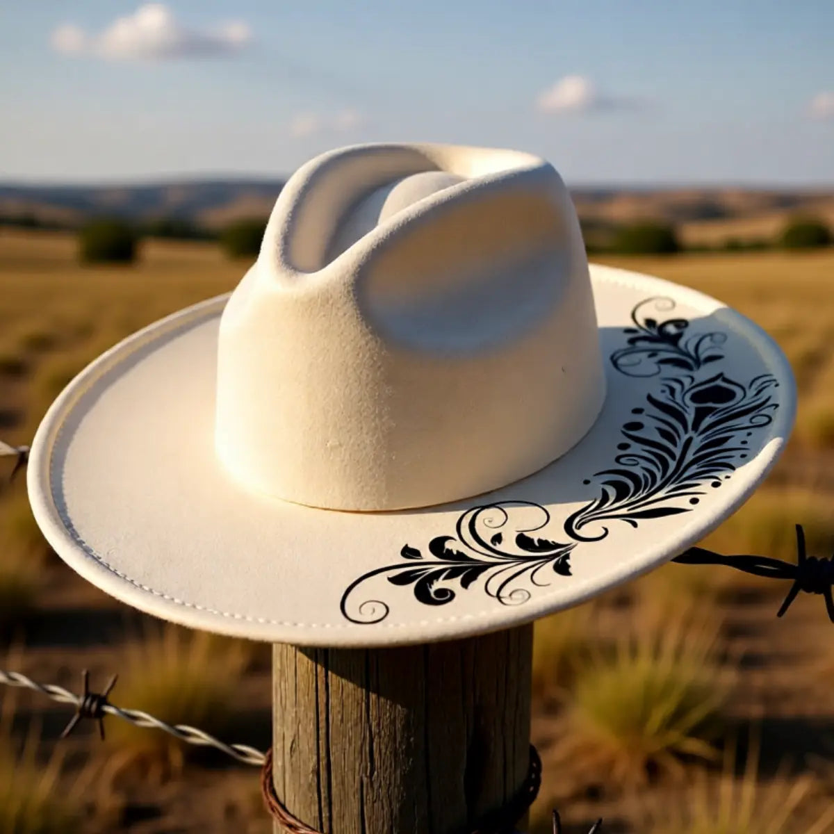 Feather Flourish Wide Brim Hat Burning Design