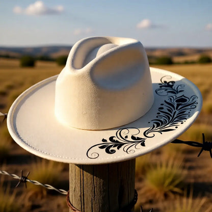 Feather Flourish Wide Brim Hat Burning Design