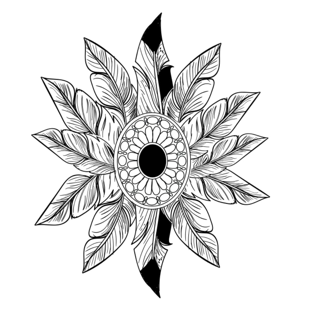 Black and white feathered fan design on a white background