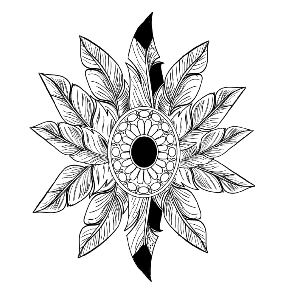 Black and white feathered fan design on a white background