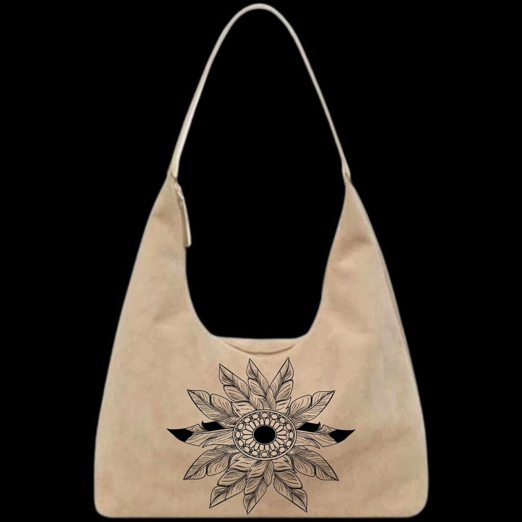 Beige tote bag with a black feathered fan design on a black background
