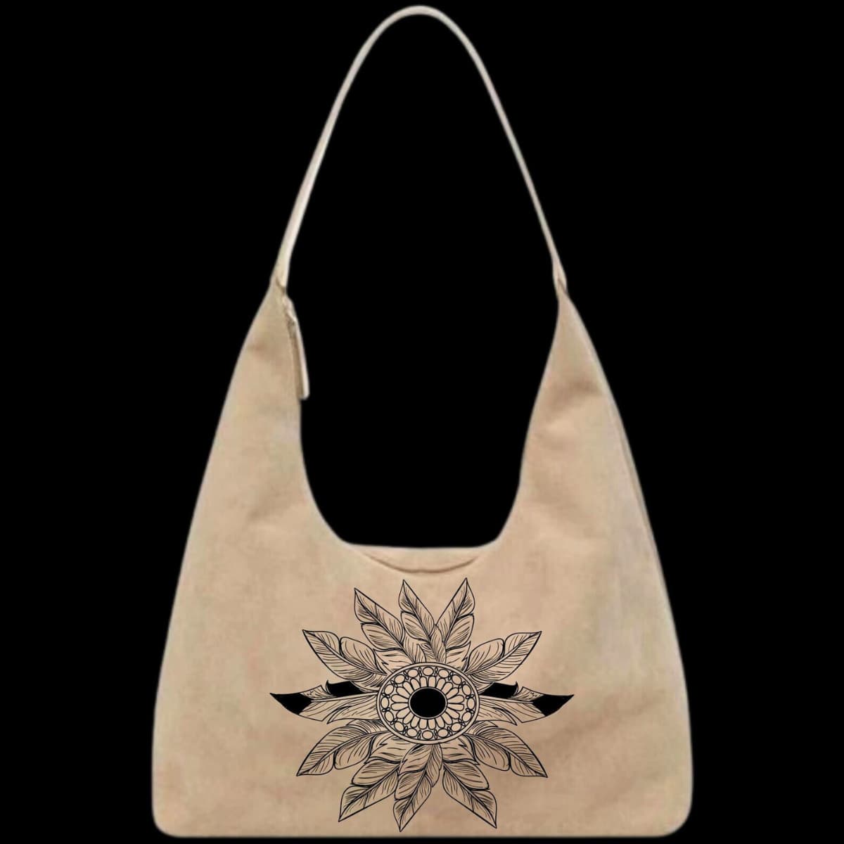 Beige tote bag with a black feathered fan design on a black background
