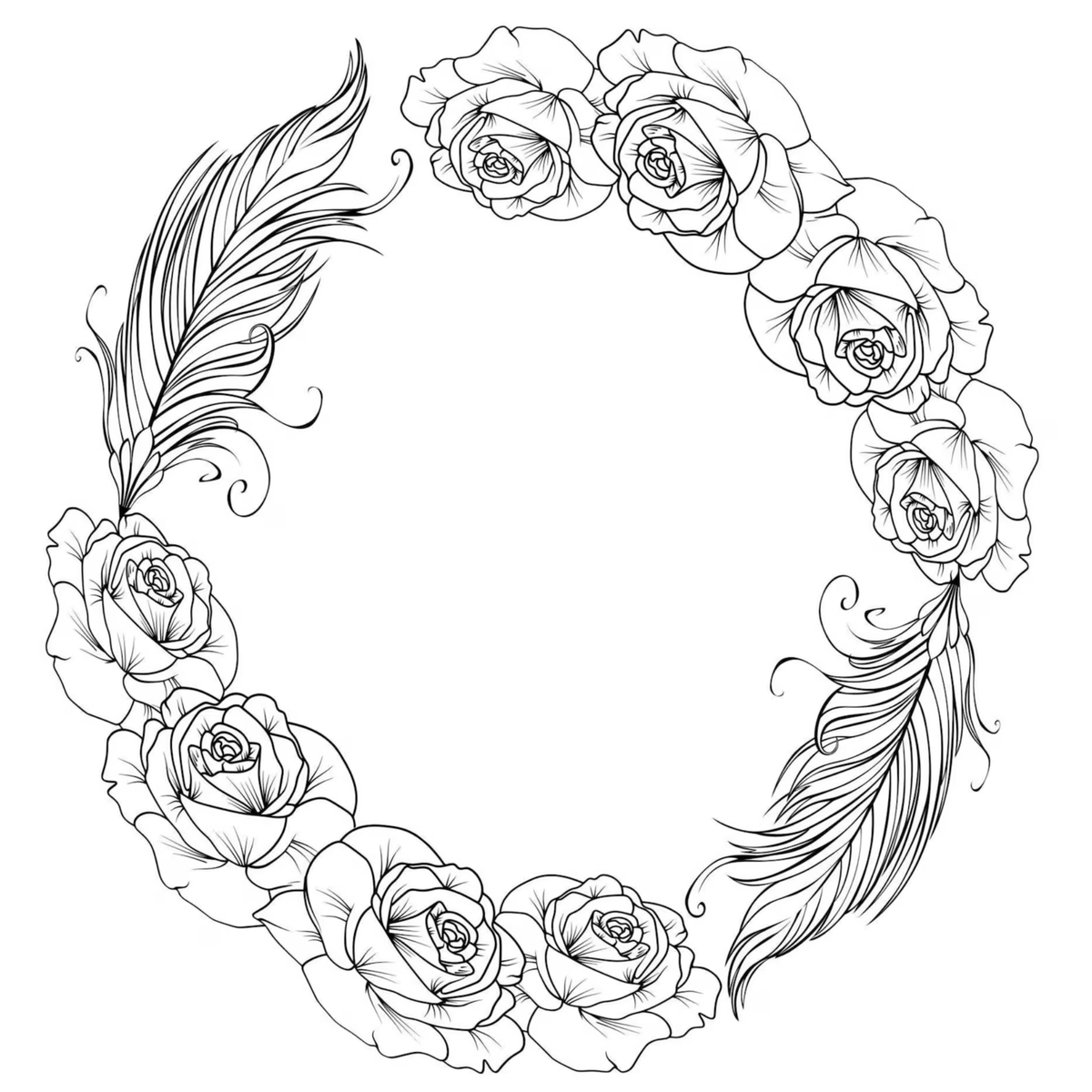 Decorative design of roses and feathers in a circular arrangement on a white background