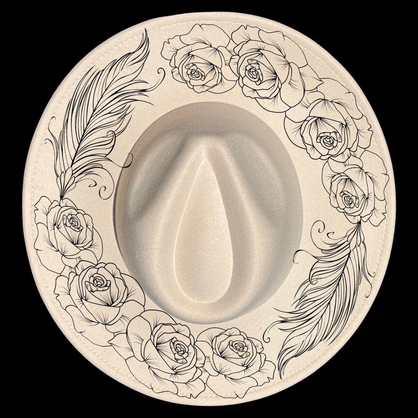 Decorative design with roses and feathers on a wide brim hat with a black background