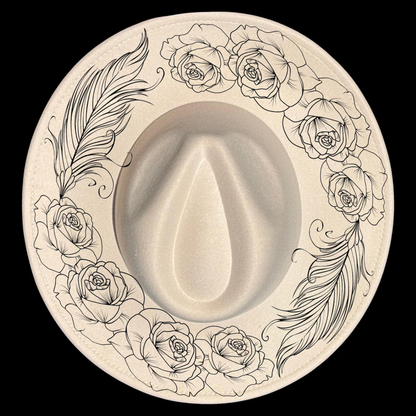 Decorative design with roses and feathers on a wide brim hat with a black background