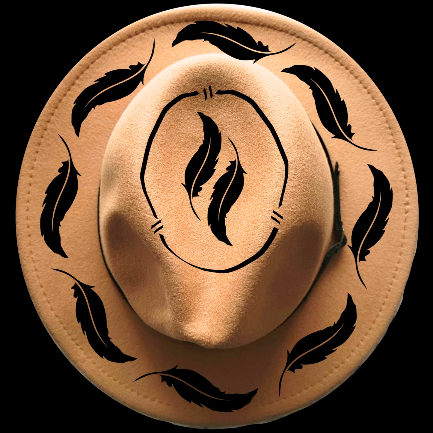 Narrow brim hat with black feather designs on a black background