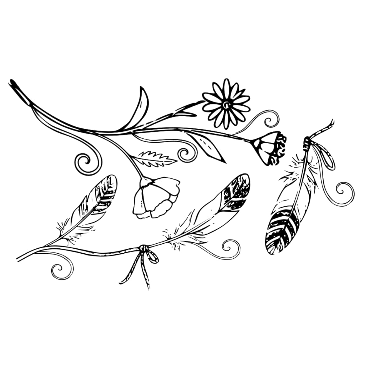A drawing of feathers and wildflowers on a while background