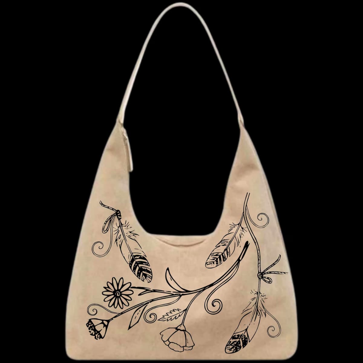 Feathers and wildflowers design on a leather purse