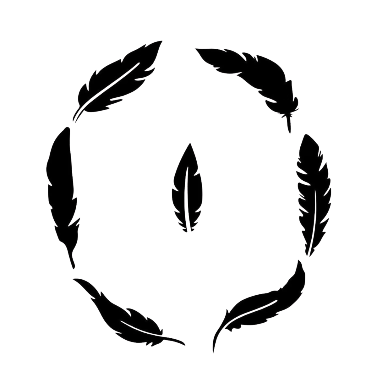 Circular arrangement of black feathers on a white background