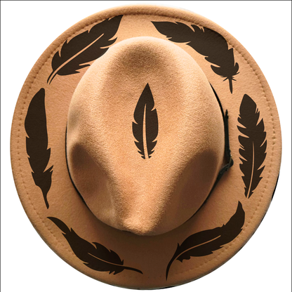 Narrow brim hat with feather designs on a white background