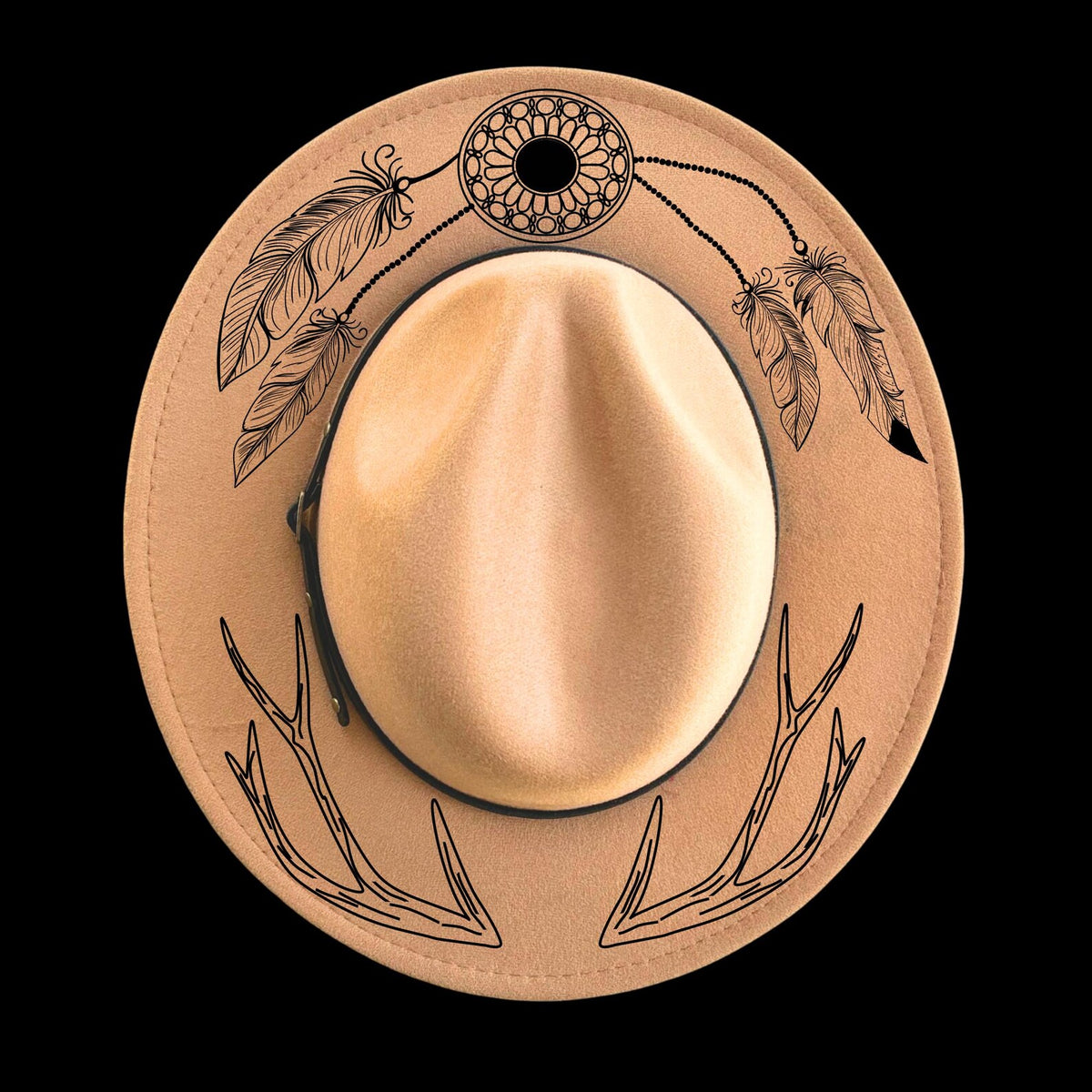Narrow brim cowboy hat with decorative patterns for hat burning on a black background