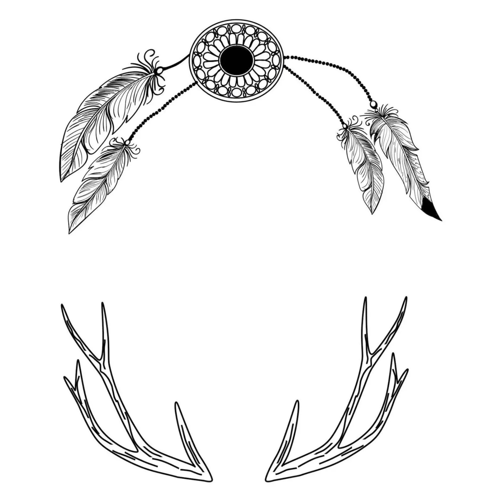 Black and white illustration of a dreamcatcher with feathers and antlers on a white background