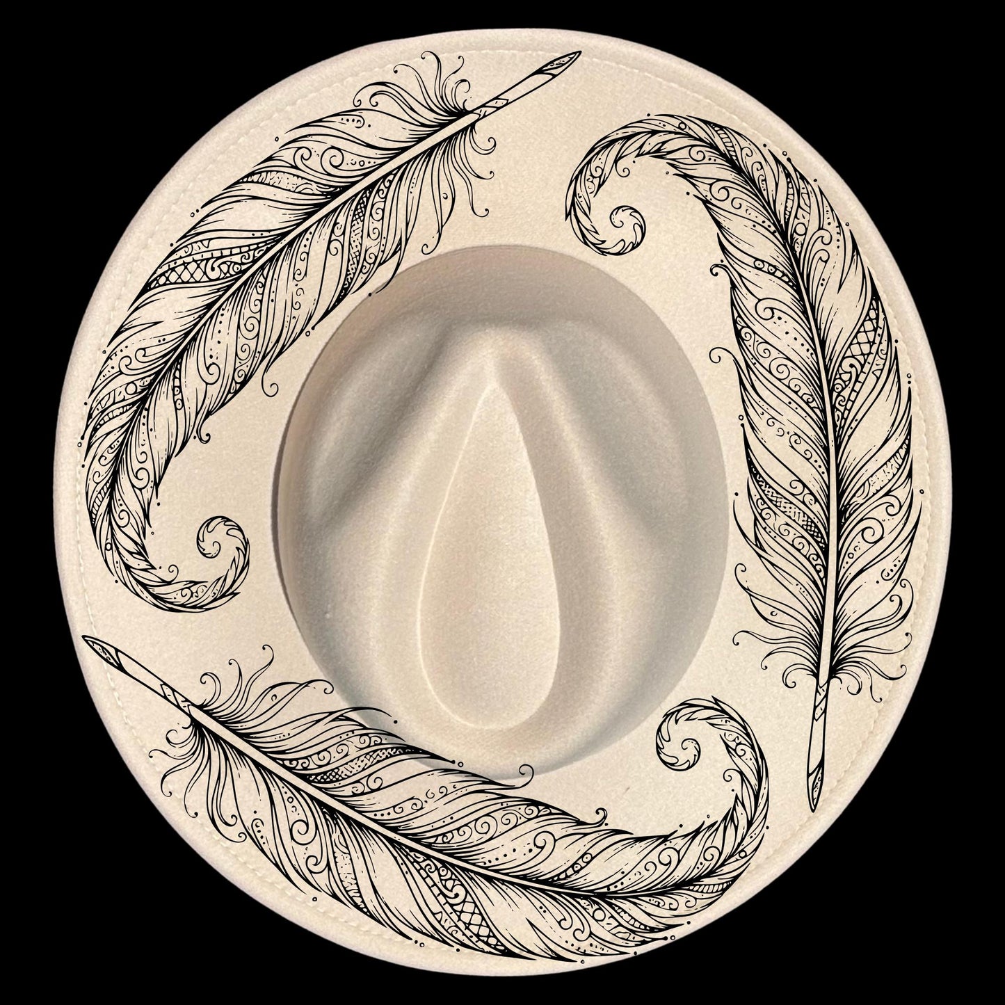 Decorative design with feathers and a central wide brim hat on a black background