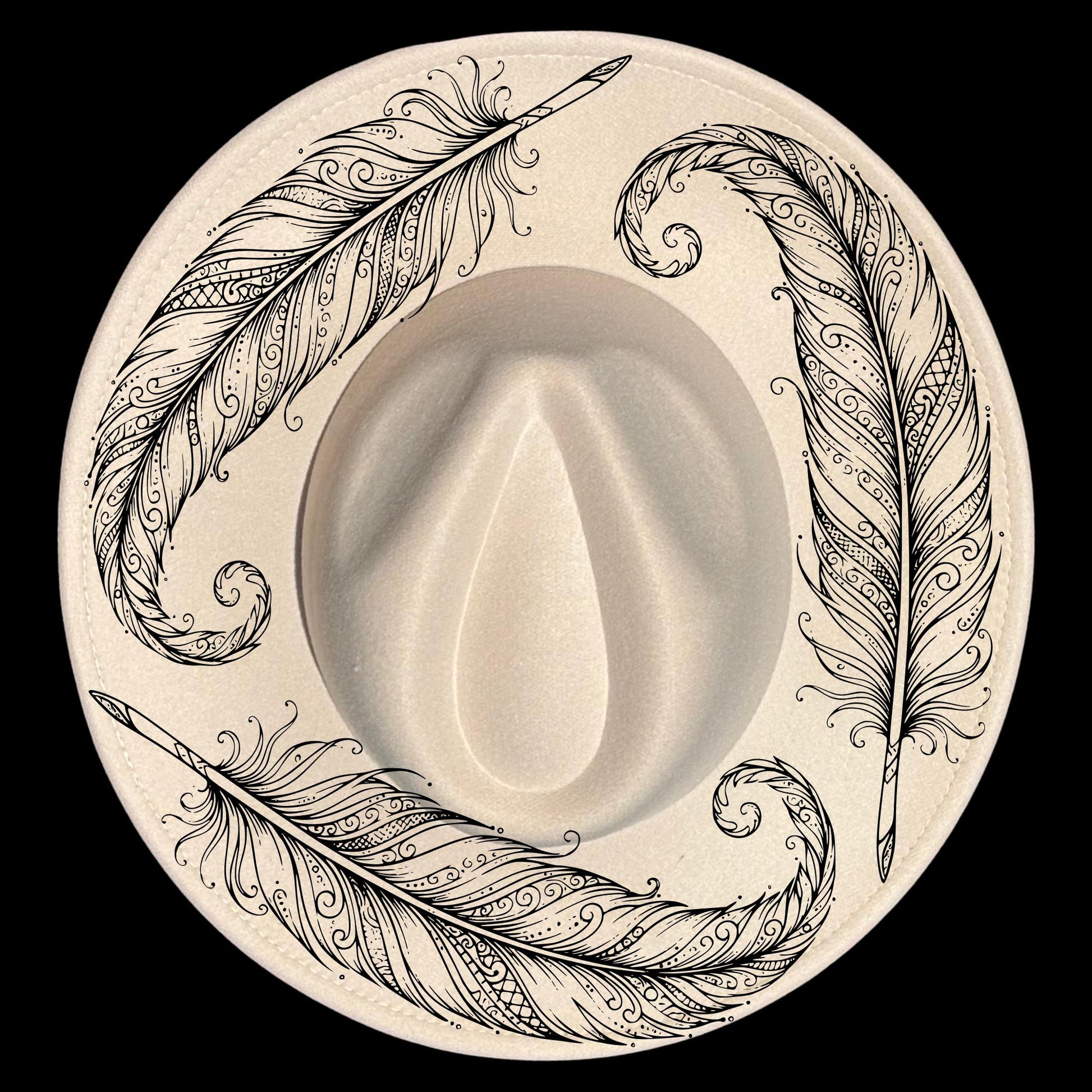 Decorative design with feathers and a central wide brim hat on a black background