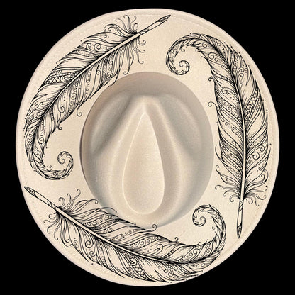 Decorative design with feathers and a central wide brim hat on a black background