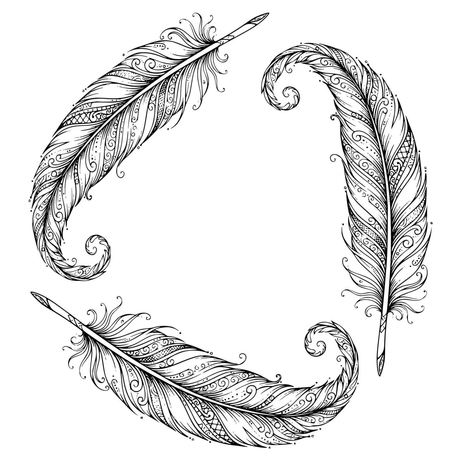Three intricately designed feathers on a white background