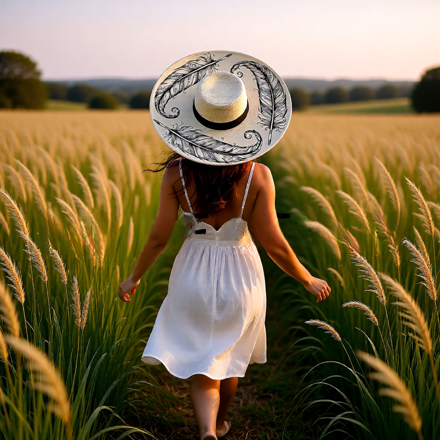 Woman in a white dress and sun hat walking through a field at sunset