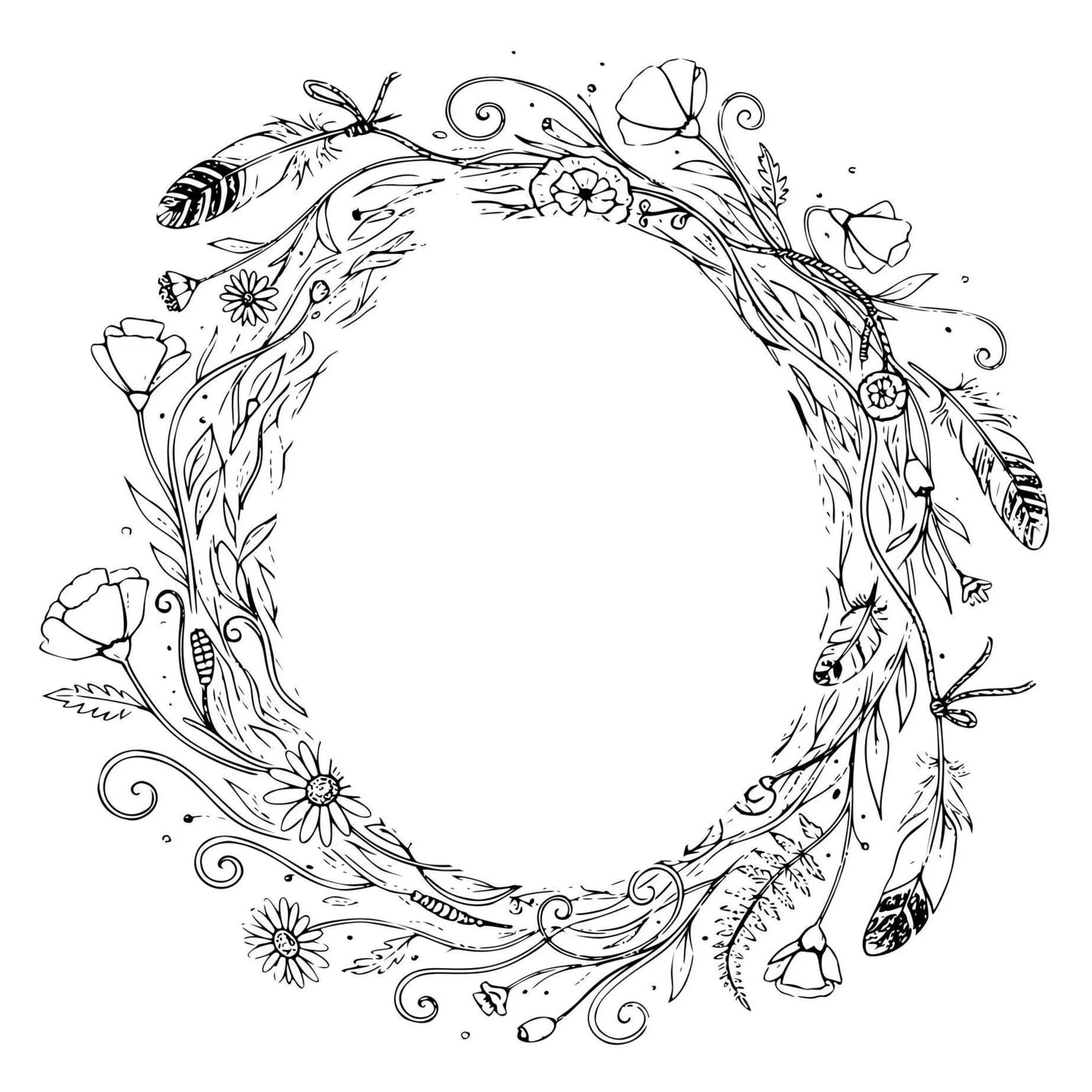 Hat burning wreath with flowers and feathers design on a white background