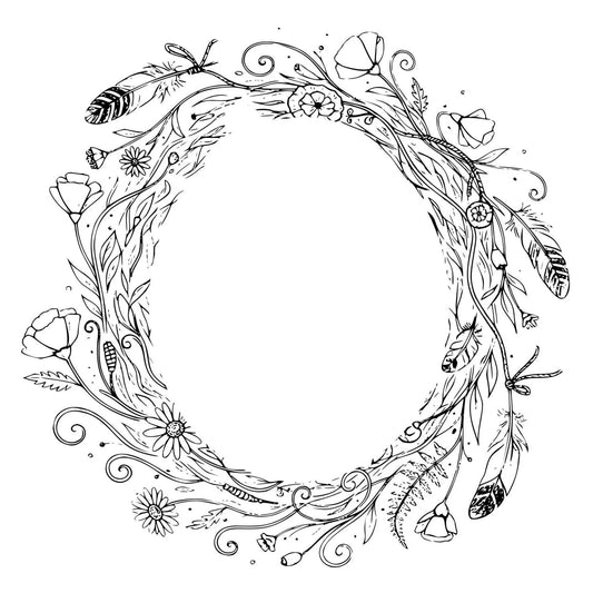 Hat burning wreath with flowers and feathers design on a white background