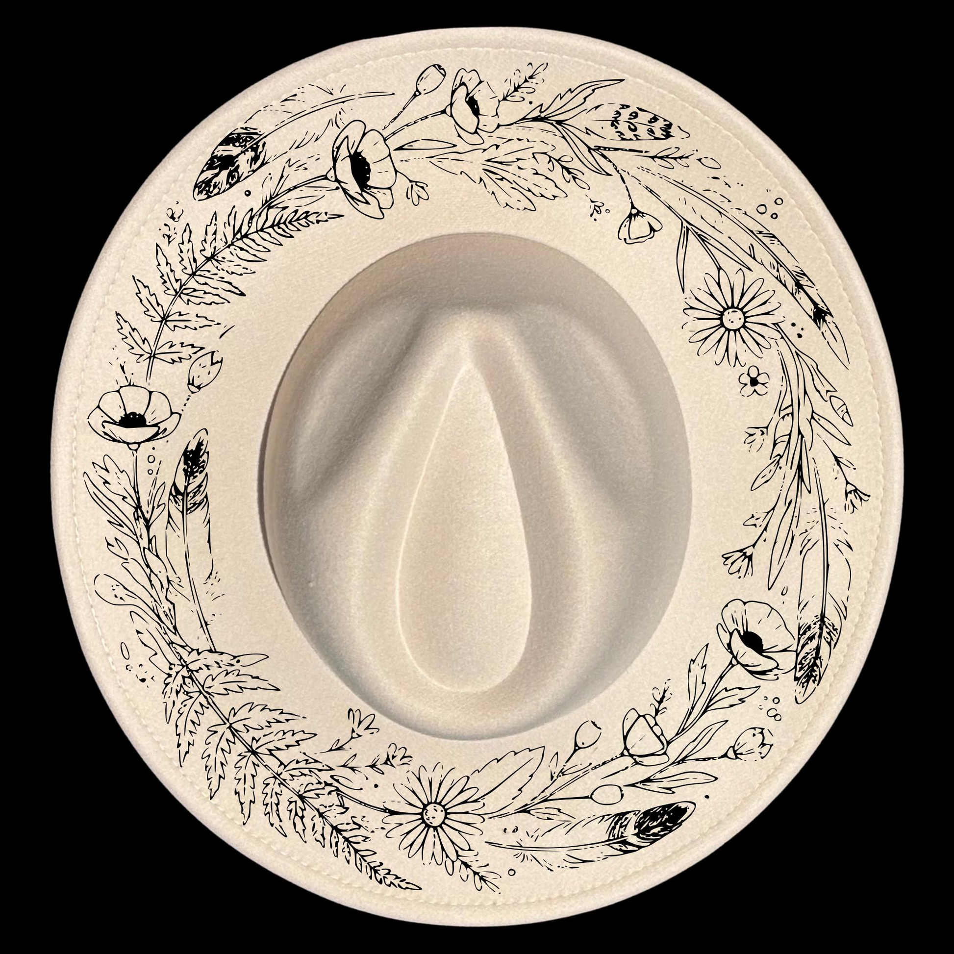 Wide brim hat with floral pattern on a black background