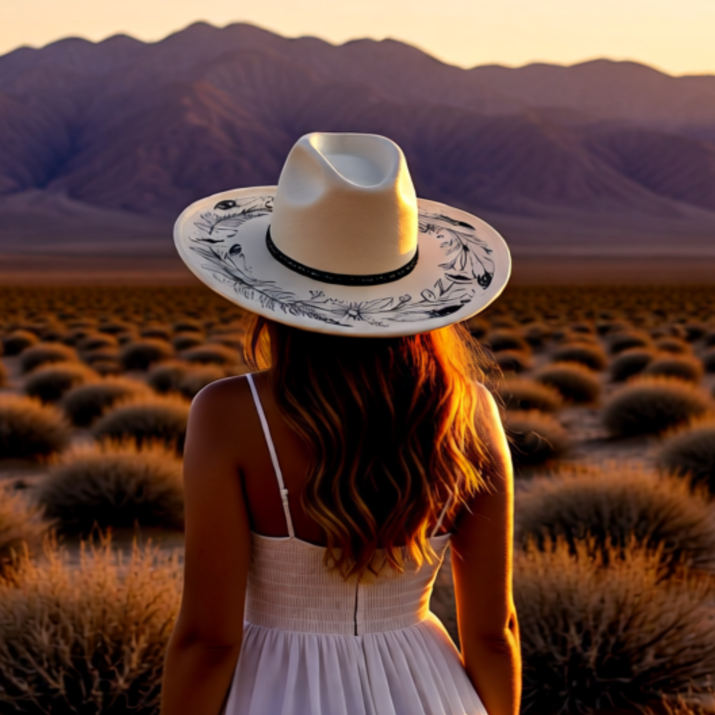 A woman wearing a white dress and wide brim hat in a desert landscape with mountains in the background