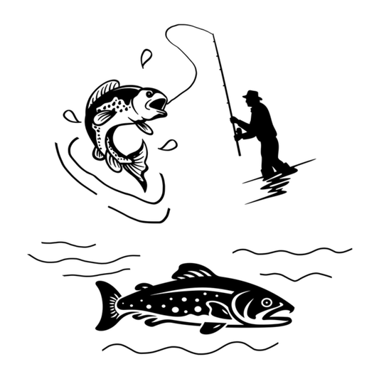Design of a fish jumping out of water with a fishing rod, a fish on the surface, and a fish swimming underwater.