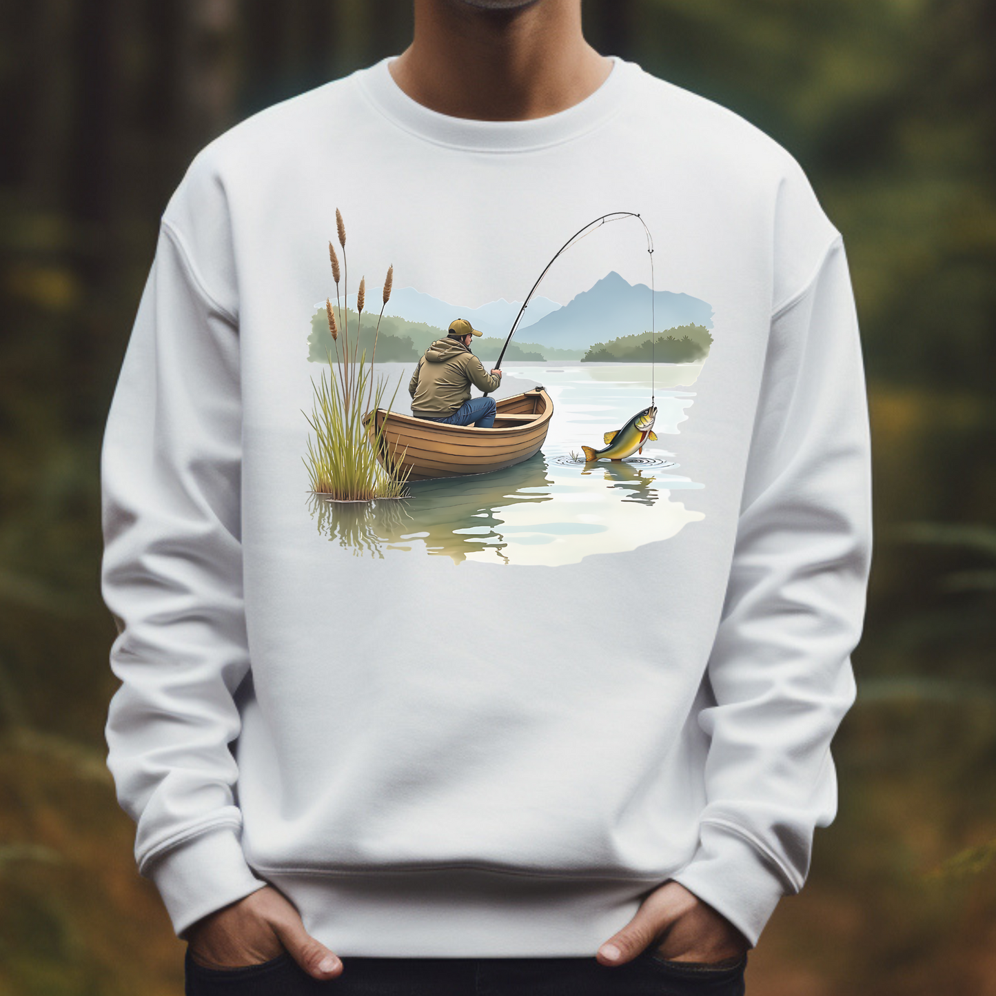 Fishing For Walleye digital design on a man's white sweatshirt