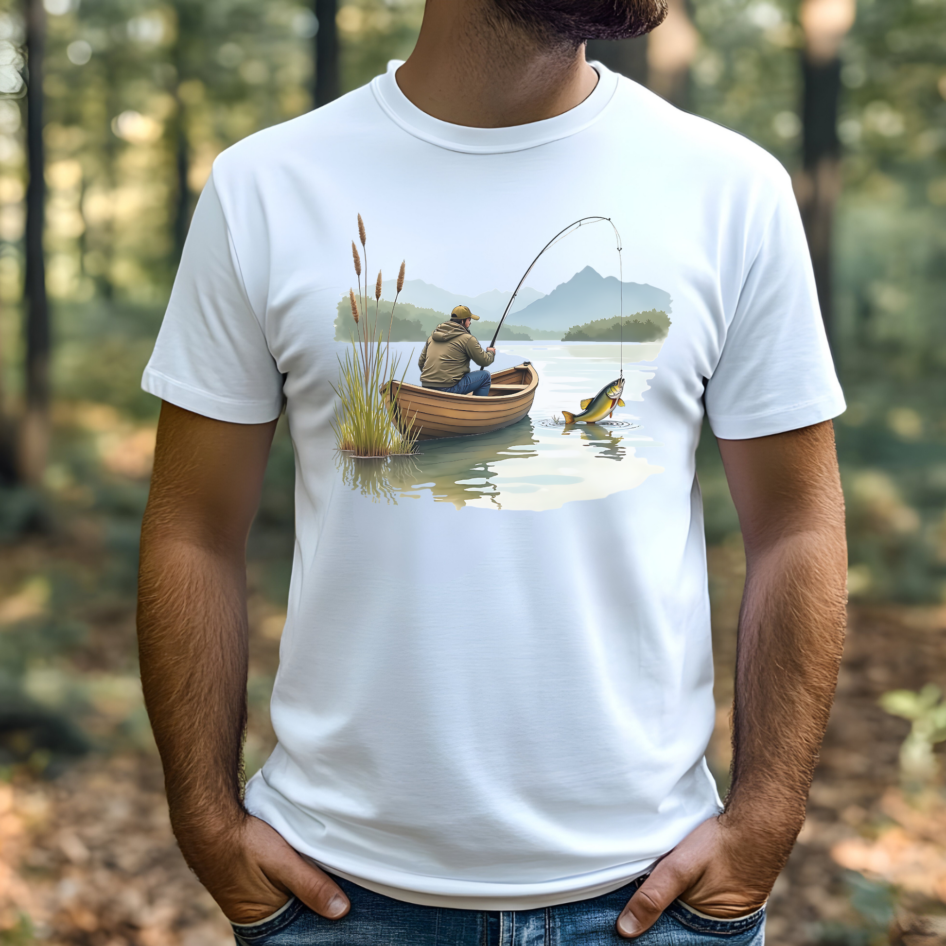 Fishing For Walleye digital design on a man's white t-shirt