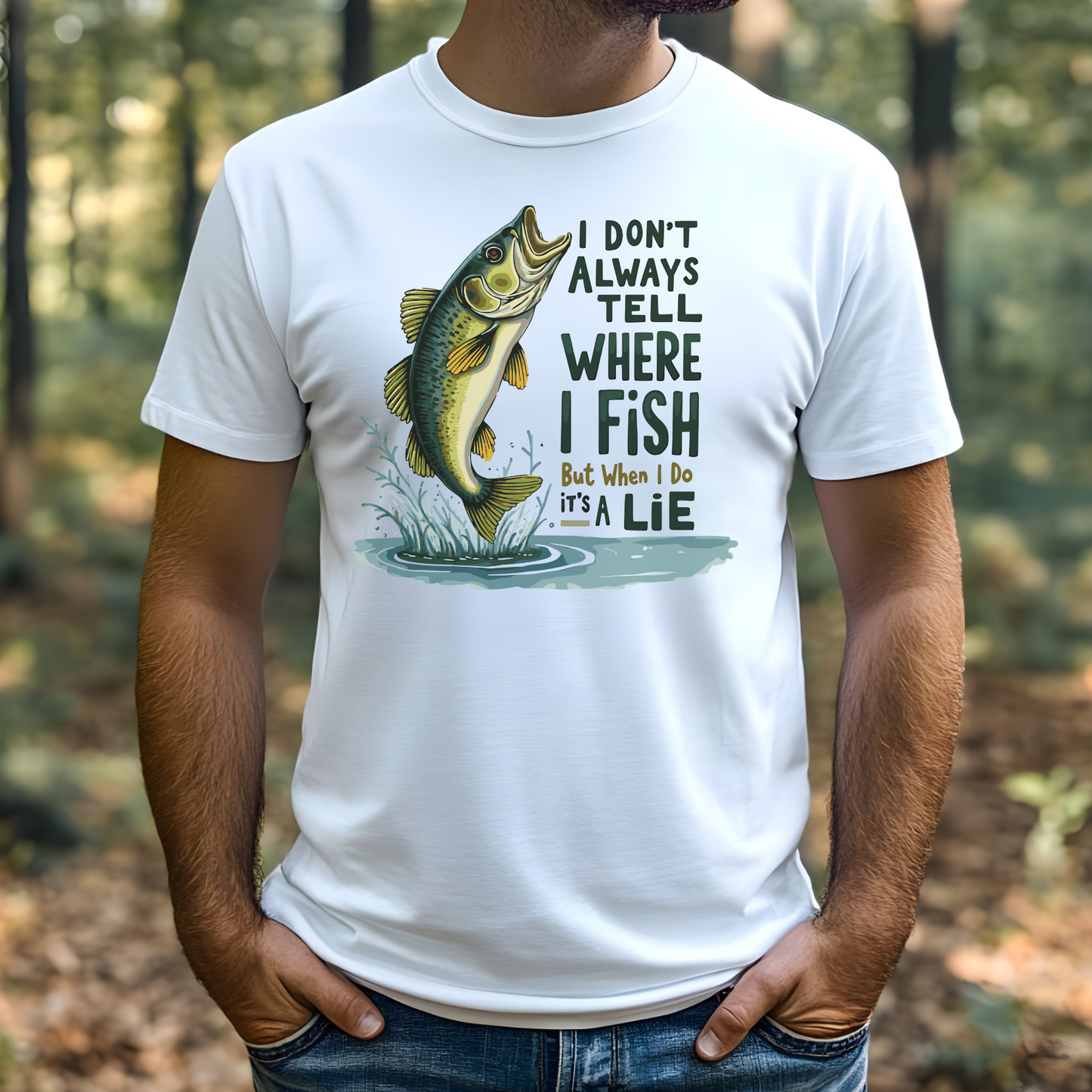 Funny Fishing Quote PNG digital design on a man's white t-shirt