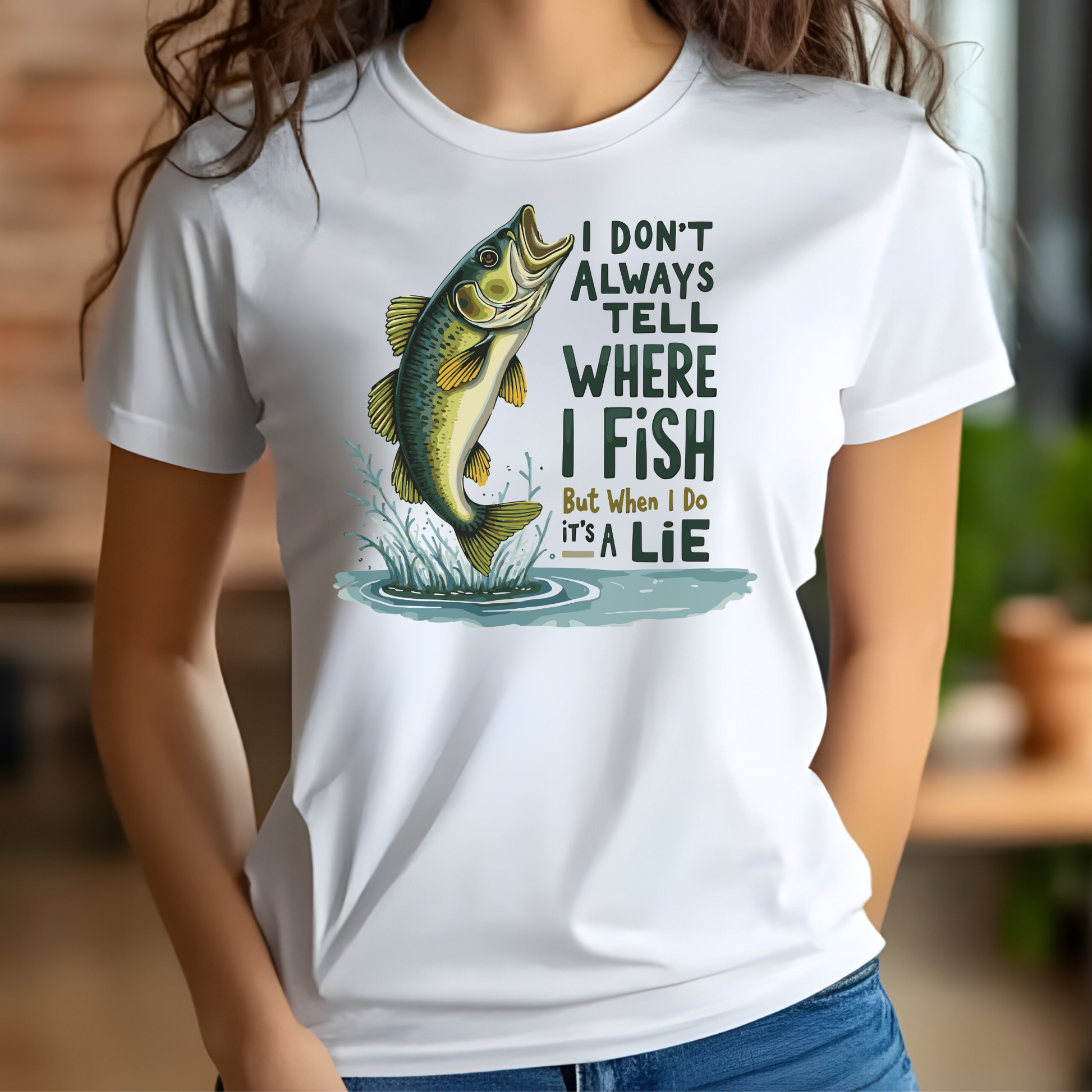 Funny Fishing Quote PNG digital design on a woman's white t-shirt