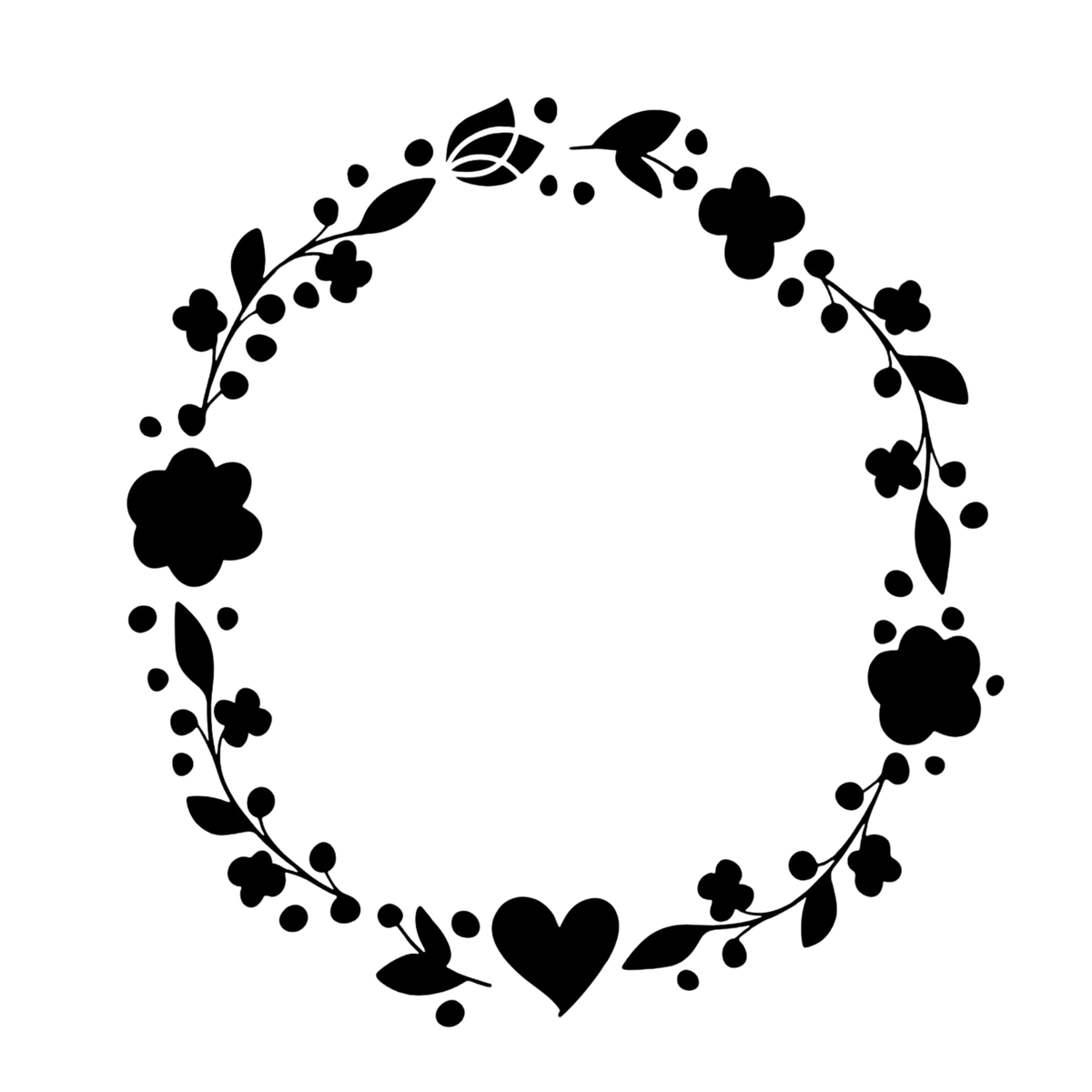 Black floral wreath with a heart at its center on a white background