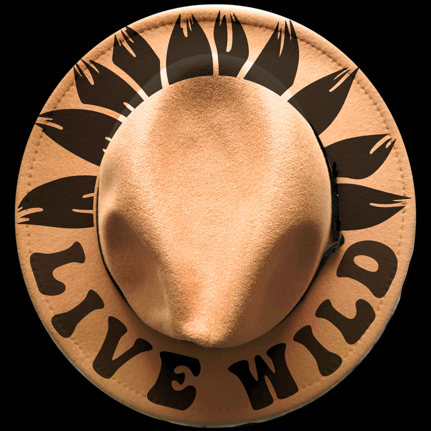 Narrow brim hat with black leaf patterns and 'Live Wild' text on a black background