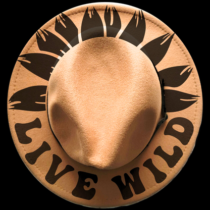 Narrow brim hat with black leaf patterns and 'Live Wild' text on a black background