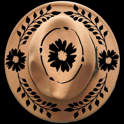 Decorative narrow brim hat with black floral and leaf patterns on a black background